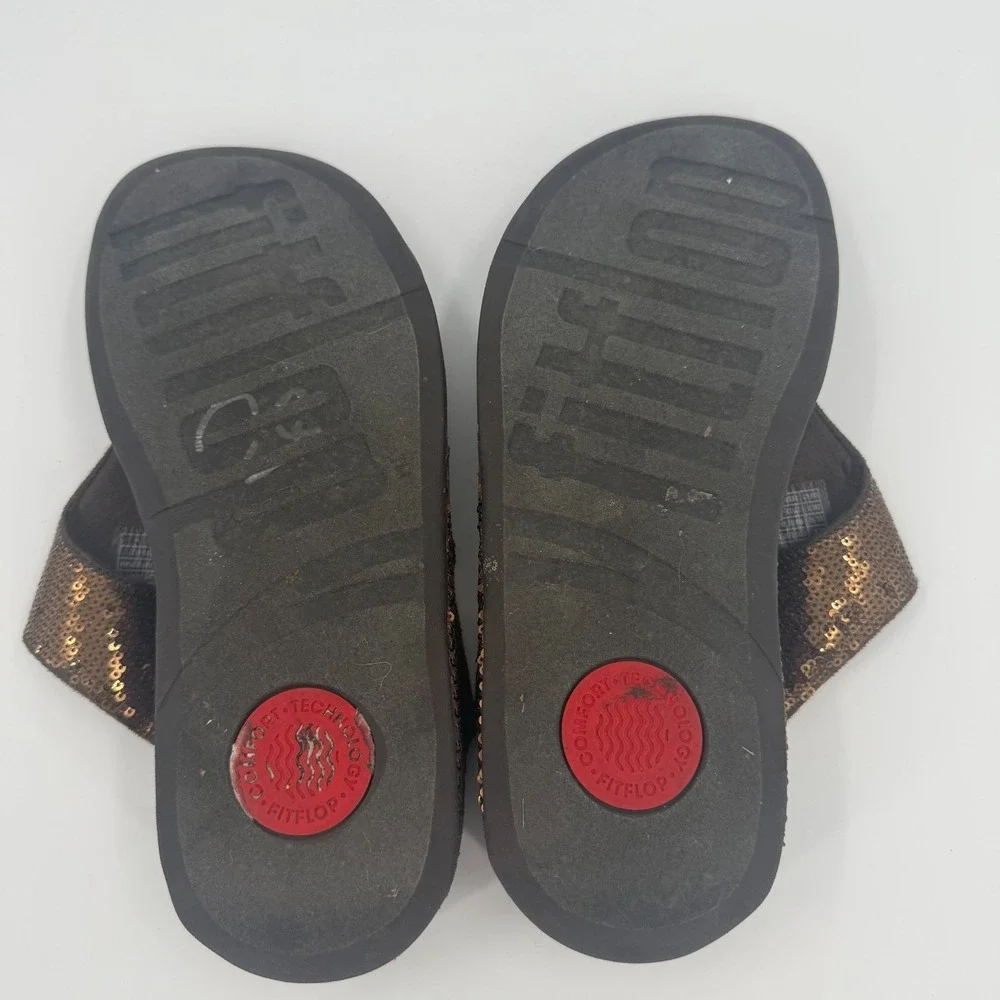 FitFlop Electra Thong Sandals Womens Size 10 Brown Gold Sequin Comfort Slip On